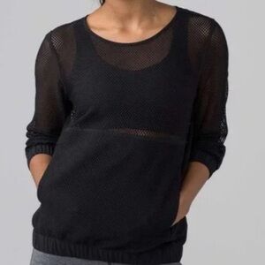 Lululemon Mesh On Mesh Pop Over Black Pullover 12 Sweatshirt Pocket Sheer EUC